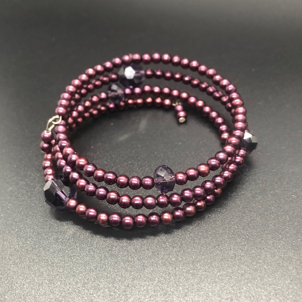 Eggplant Purple Faux Pearl 3 Coil Strand Wrap Bracelet